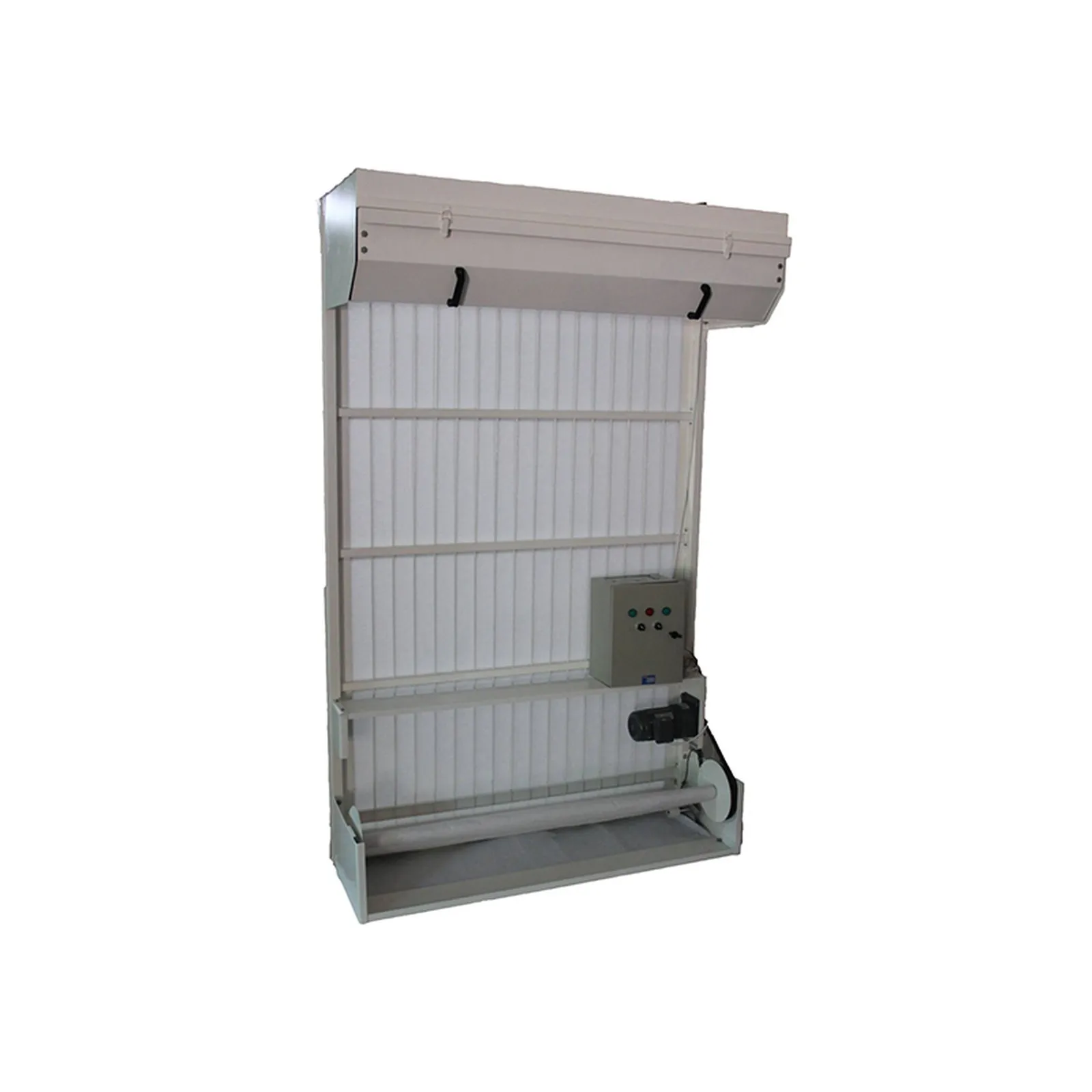 Duct-mounted automatic roll filter with a media roll across the top, photographed on a white background.