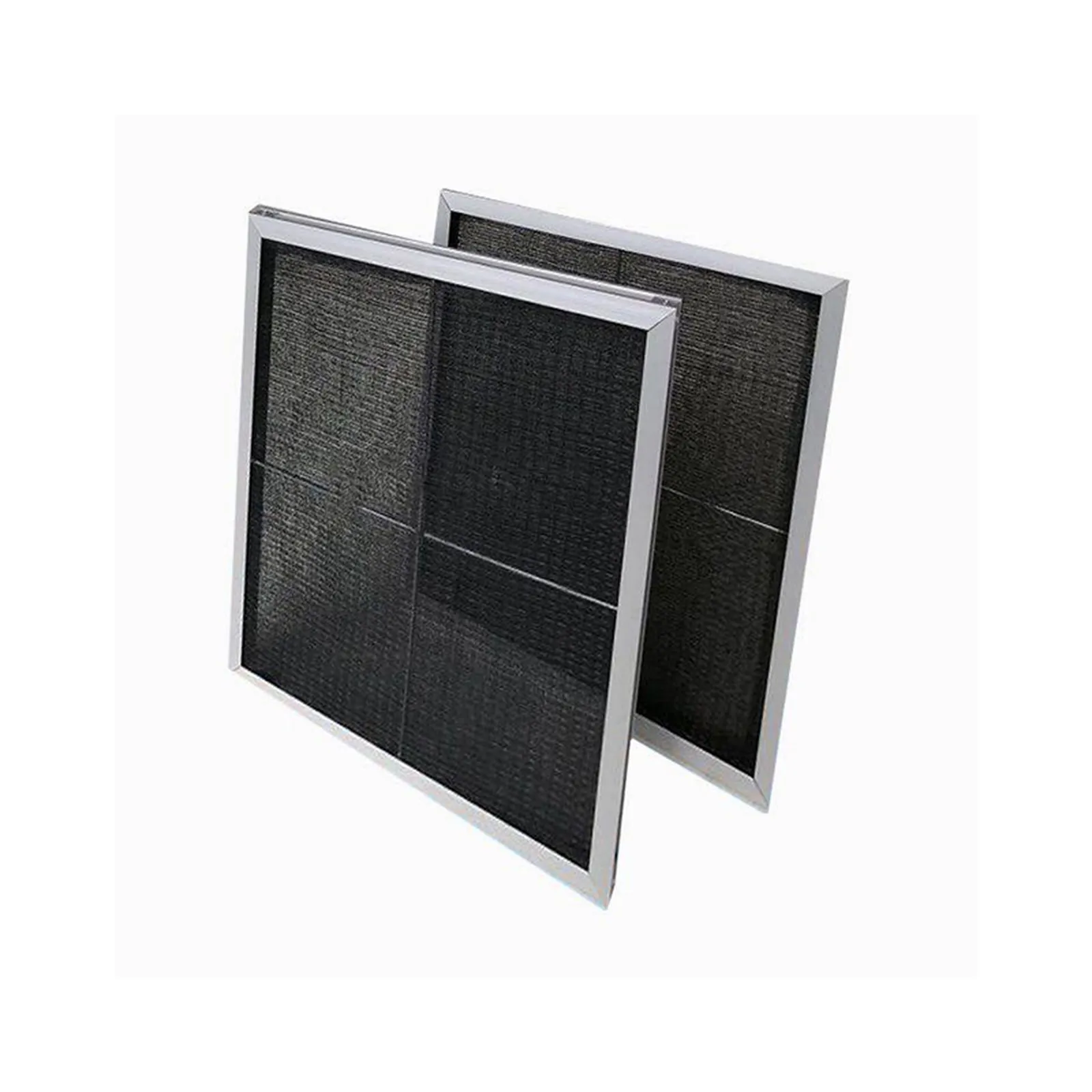 Coarse filter panel of pale synthetic mesh in a frame, photographed on a white background.