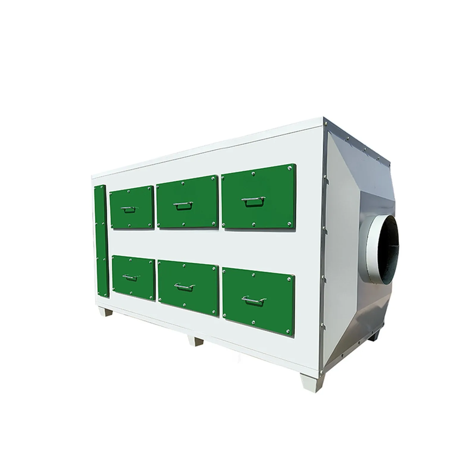 Long low filter housing with duct connections and a side door, photographed on a white background.