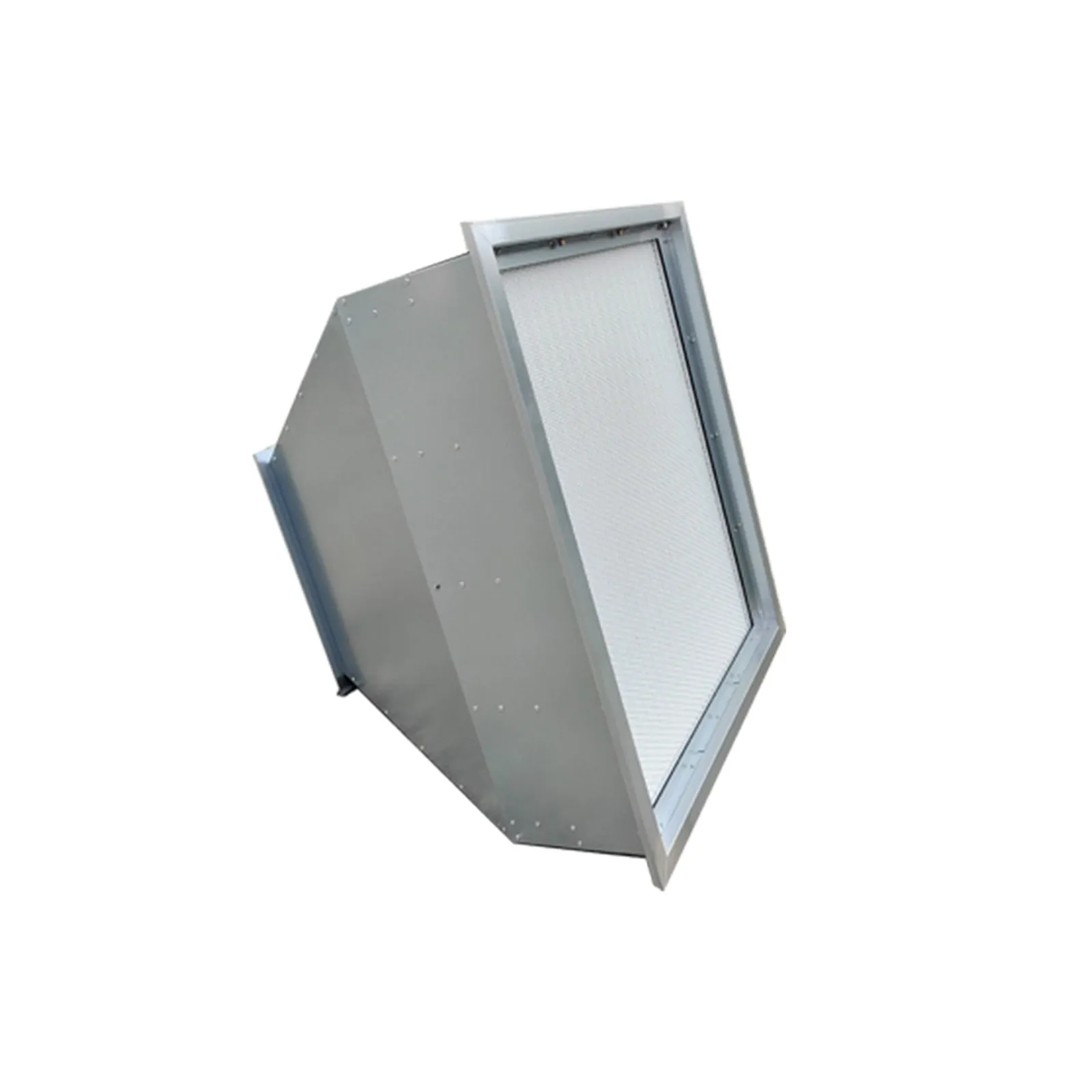 Rectangular filter box with round duct collars and a side access panel, photographed on a white background.