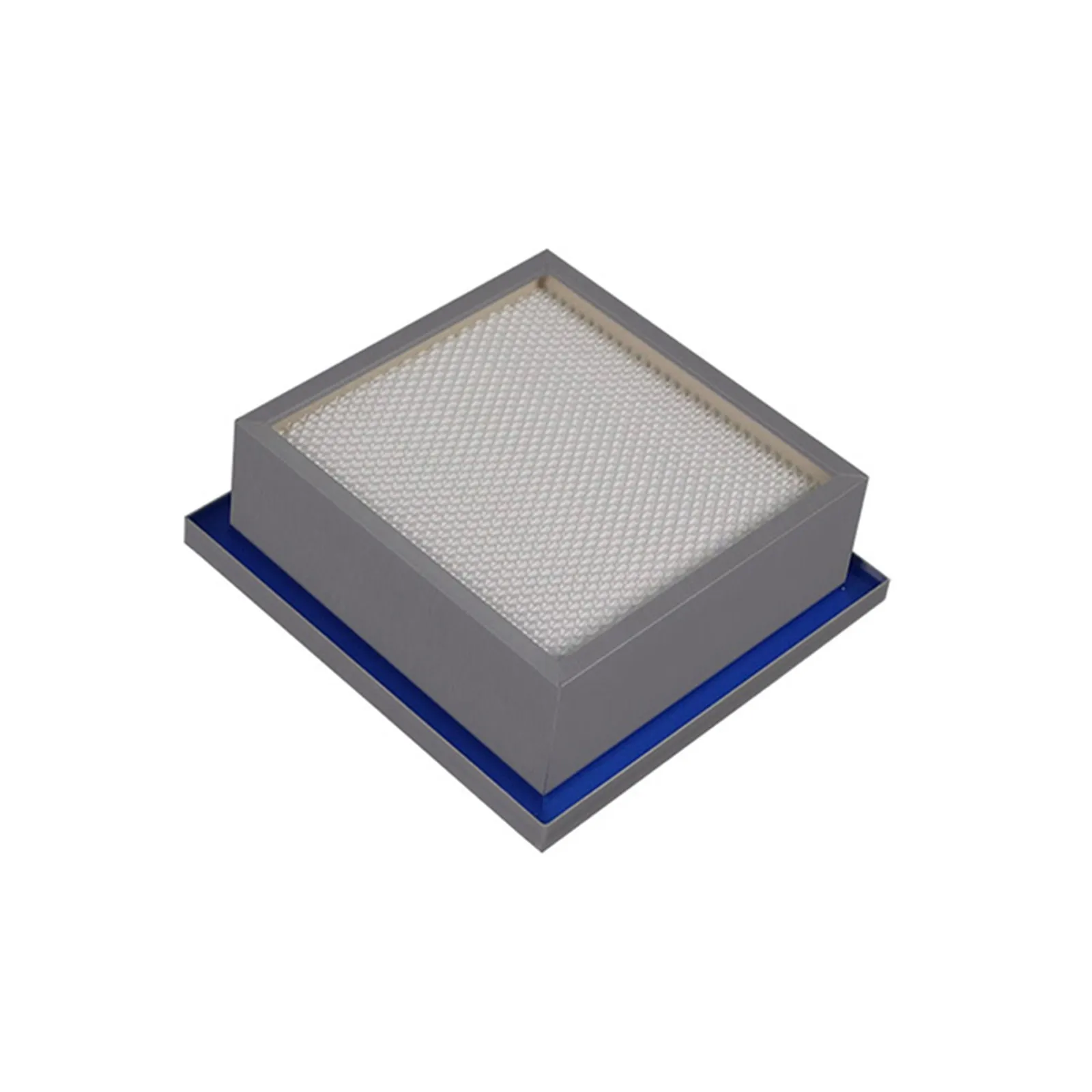 HEPA filter showing a blue gel channel along the frame edge, photographed on a white background.