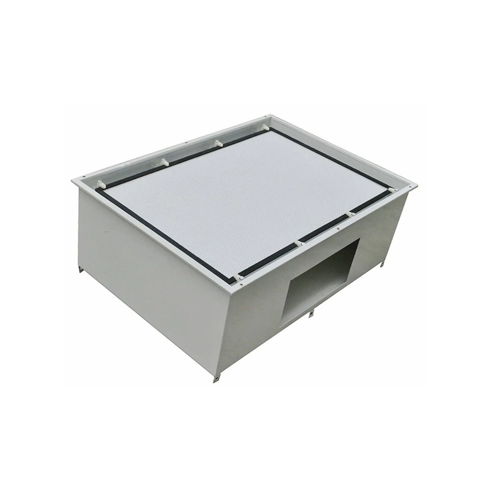 Square HEPA terminal housing with a round-hole diffuser plate, photographed on a white background.