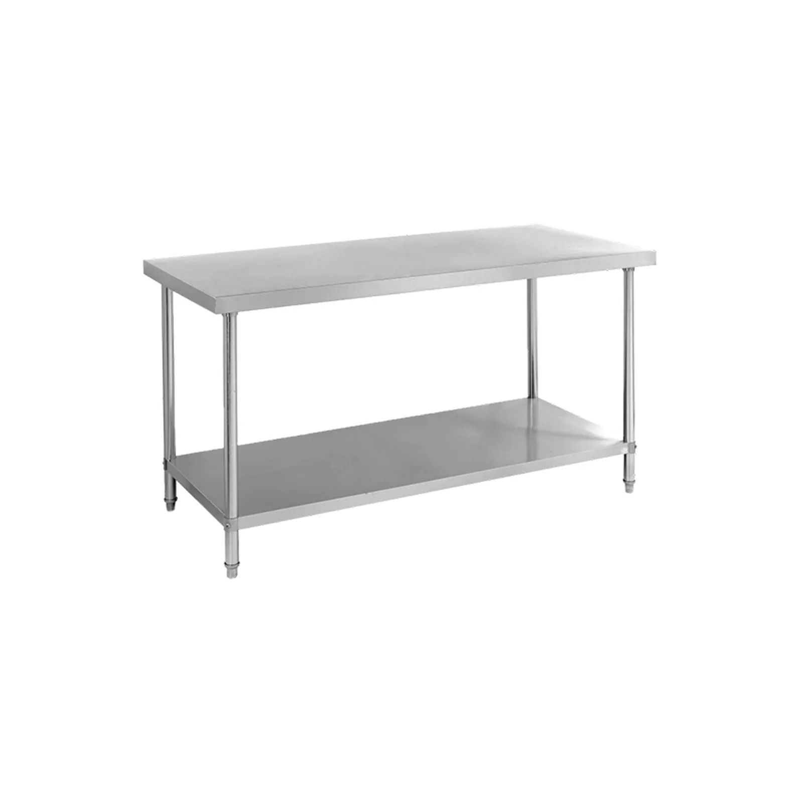 Stainless steel work table with a lower shelf, photographed on a white background.