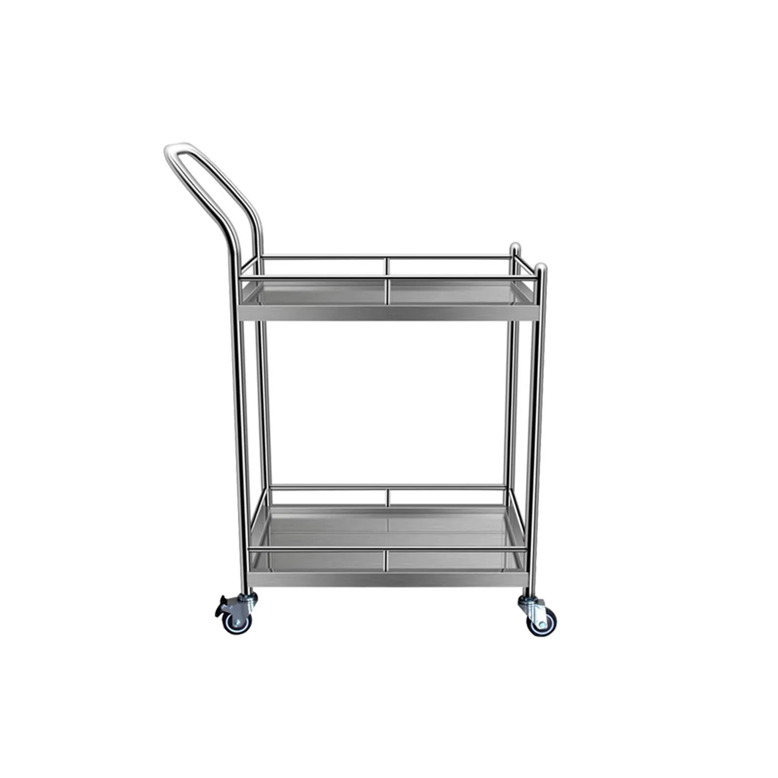 Stainless steel trolley with shelves and castors, photographed on a white background.