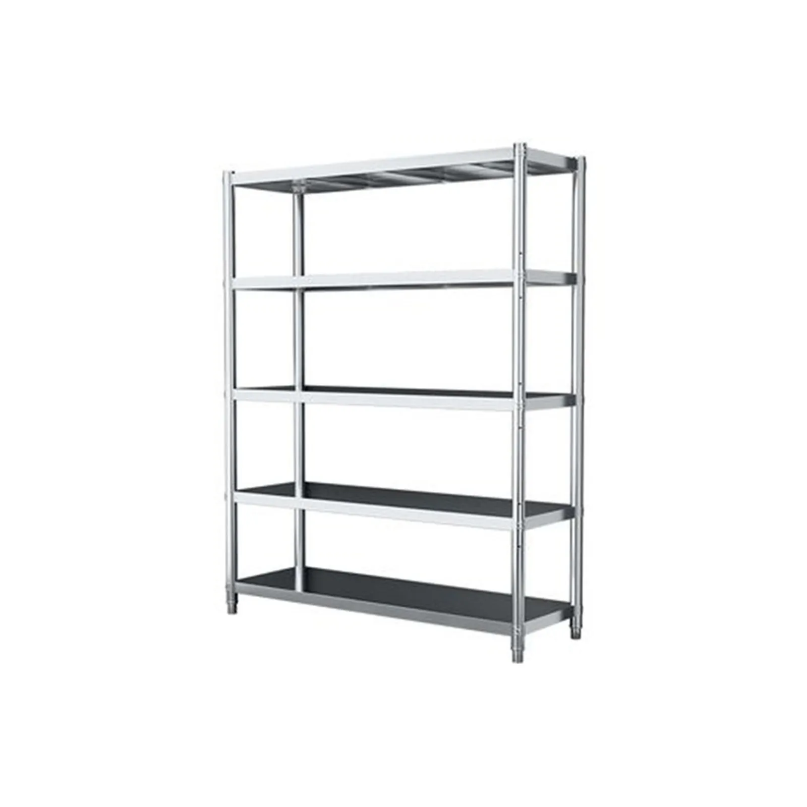 Stainless steel rack with open shelves, photographed on a white background.