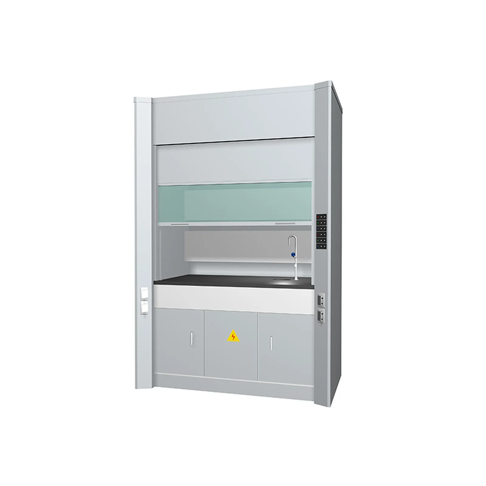 Stainless steel fume cupboard with a glazed sash and a worktop, photographed on a white background.