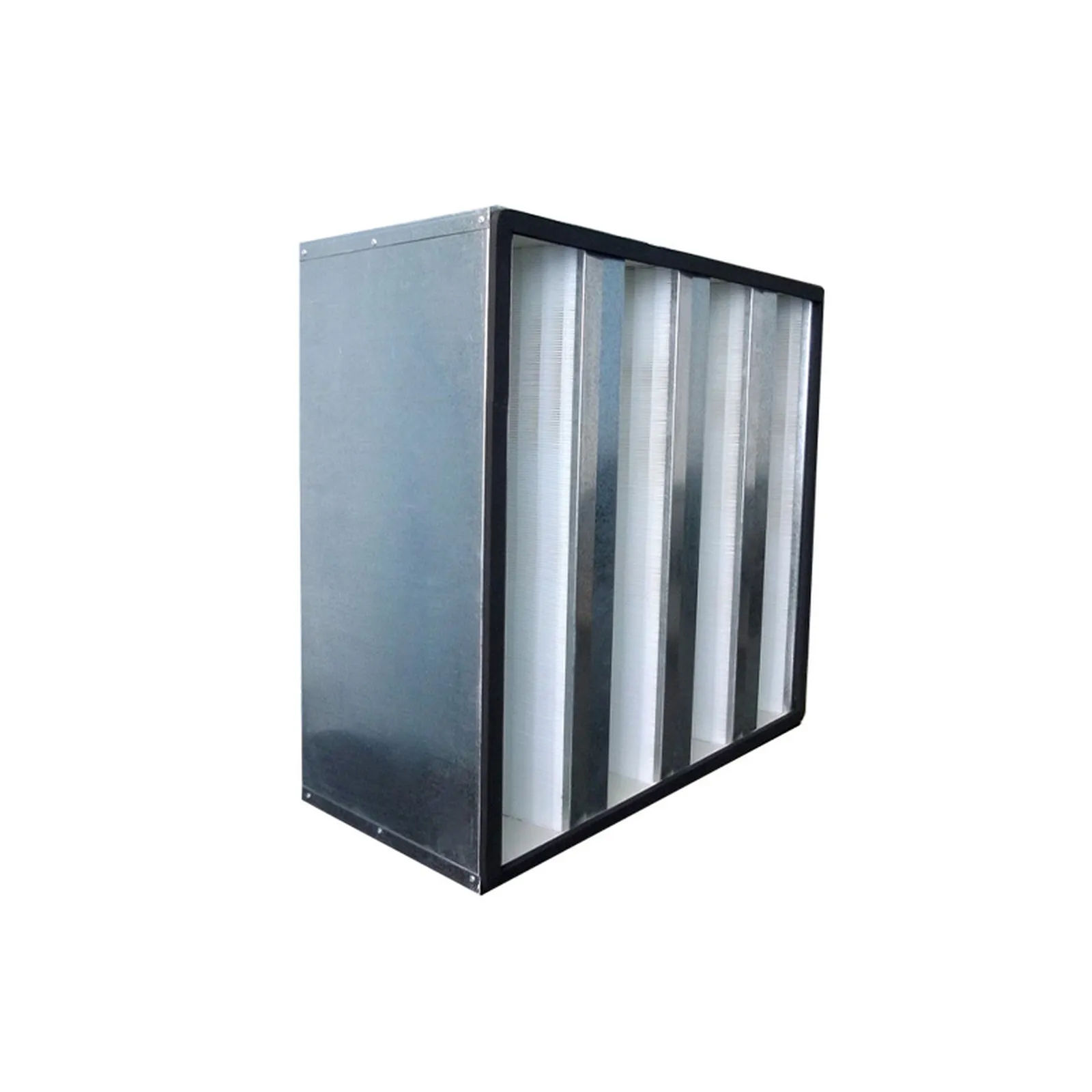 V-bank filter with pleated packs in a metal frame, photographed on a white background.