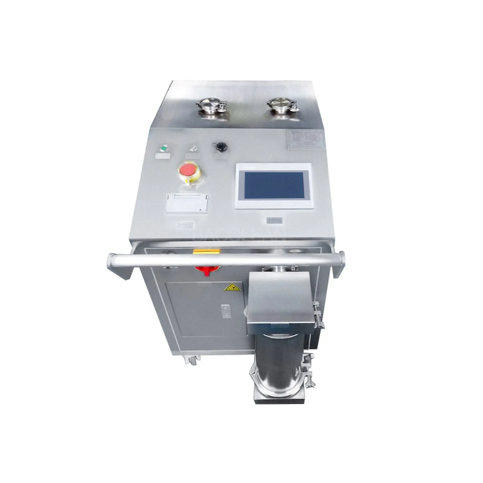 Mobile decontamination cabinet with a sloped control panel and a hose, photographed on a white background.